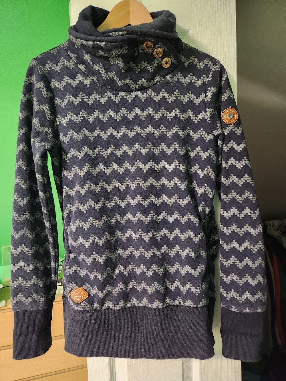 Ragwear Navy Geometric Cowl Neck Slim Fit Pullover Hoodie w Button Detail SMALL